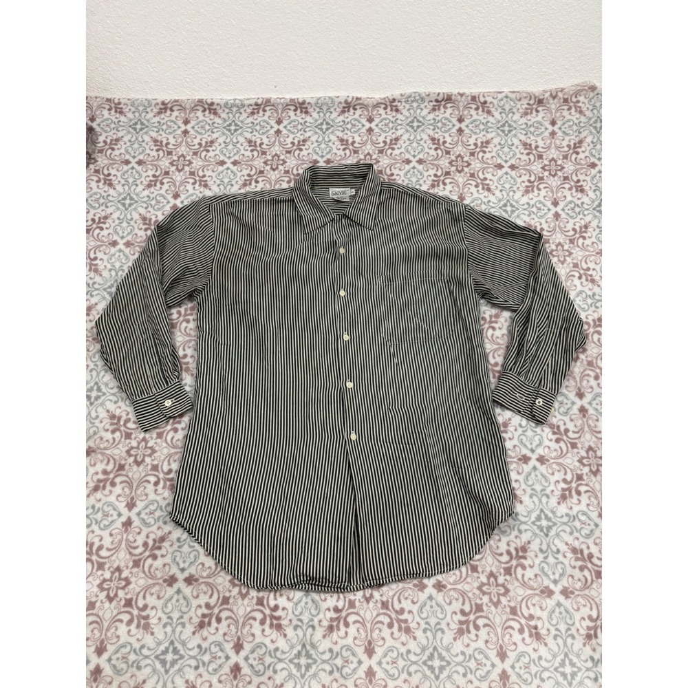 VTG Skyr Mens 100% Silk Striped Button Down Shirt Black White Long Sleeve Size M